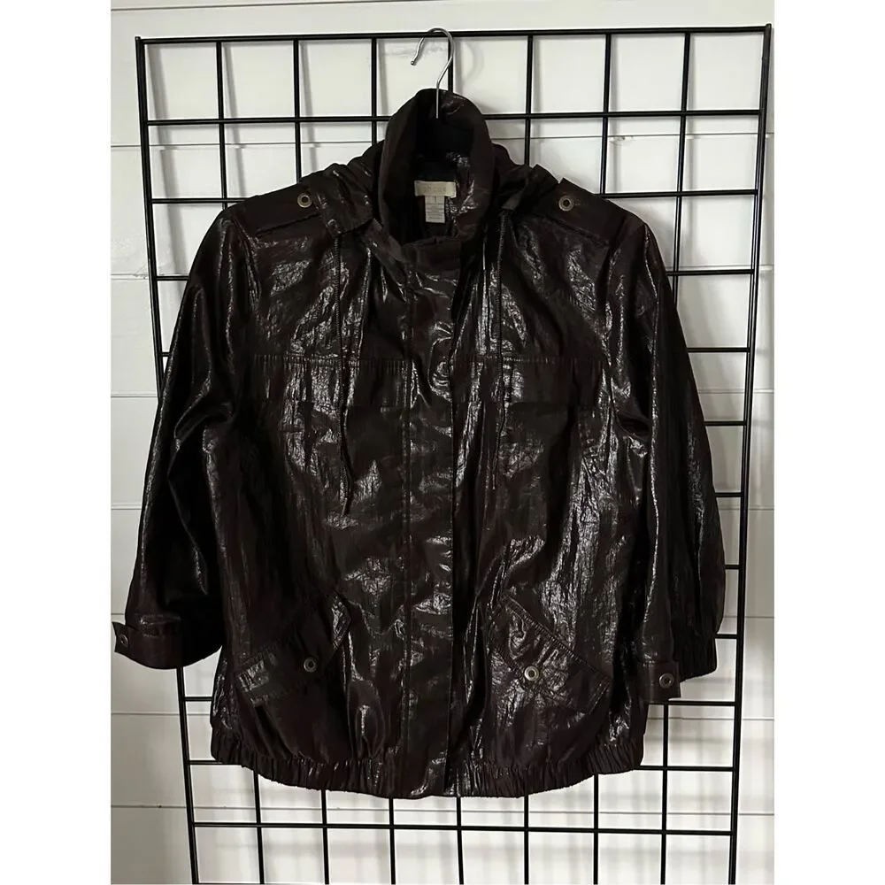 Chico's Size‎ 1 Jacket Coat Womens Medium 3/4 Sleeve Hooded Shiny Brown Pockets